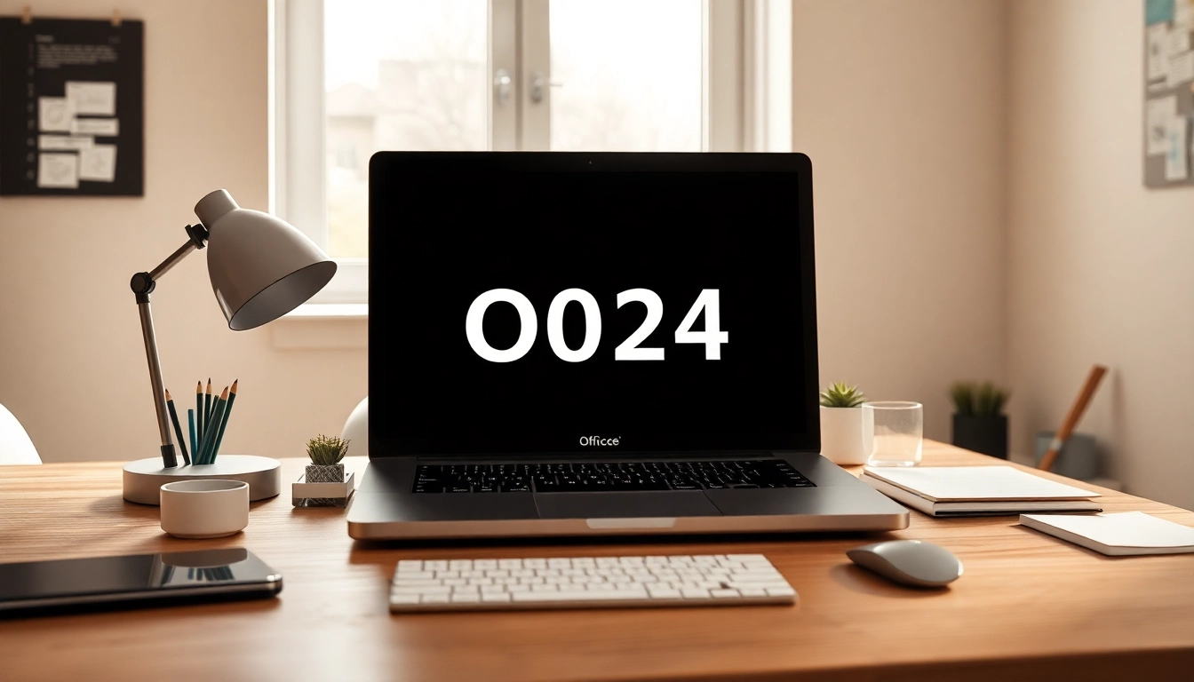 Visualisierung des Office 2024 Schlüssel in einem stilvollen, modernen Arbeitsumfeld mit Laptop und Büromaterialien.