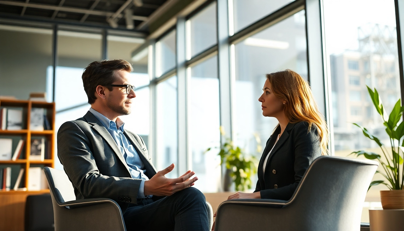 Headhunter führt ein aufmerksames Gespräch mit einem Kandidaten in einem modernen Büro.