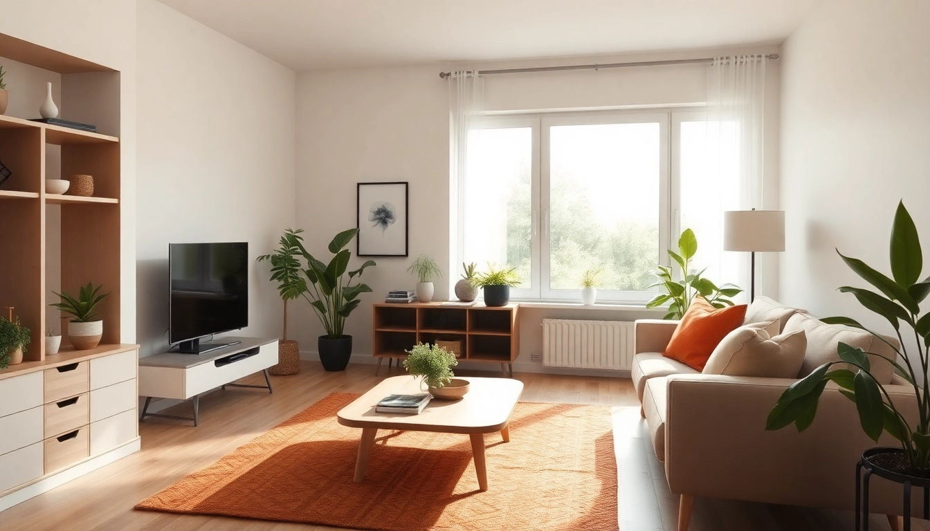 Bequeme Raumgestaltung mit harmonischen Farben und stilvollen Möbeln im Wohnzimmer