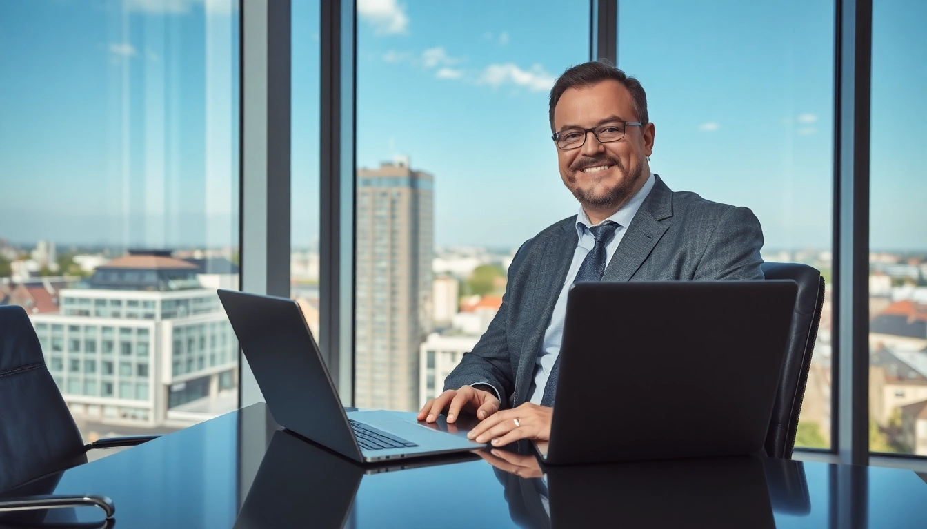 Headhunter Bielefeld bei der Arbeit in einem modernen Büro mit Stadtansicht.