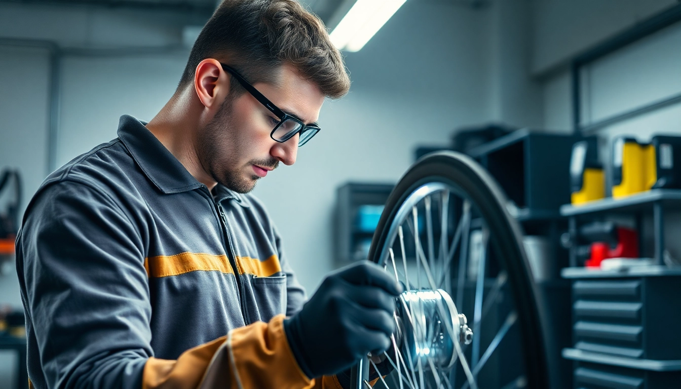 Felgenreparatur München: Techniker repariert sorgfältig eine Alufelge in einer modernen Werkstatt.