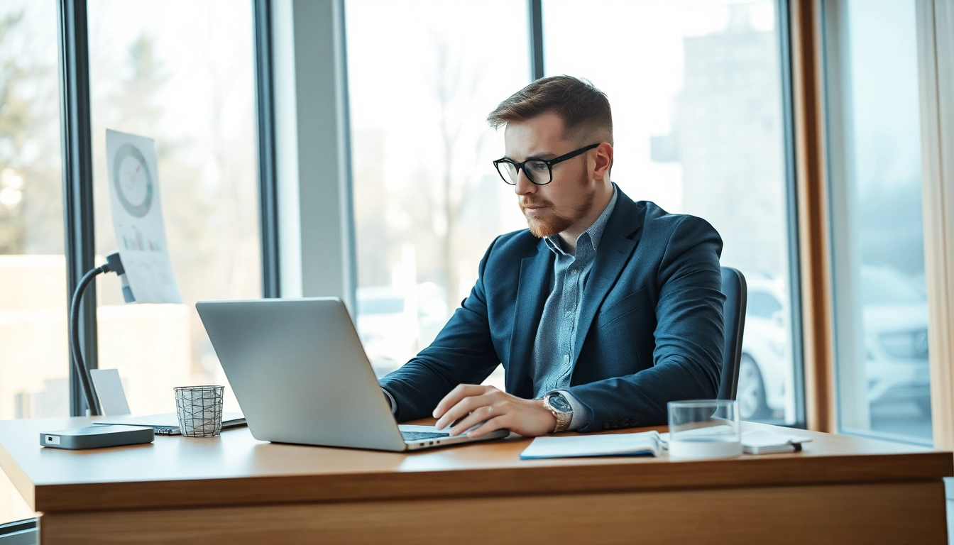 Headhunter IT analysiert Bewerbungen in einem modernen Büro mit einem Laptop.