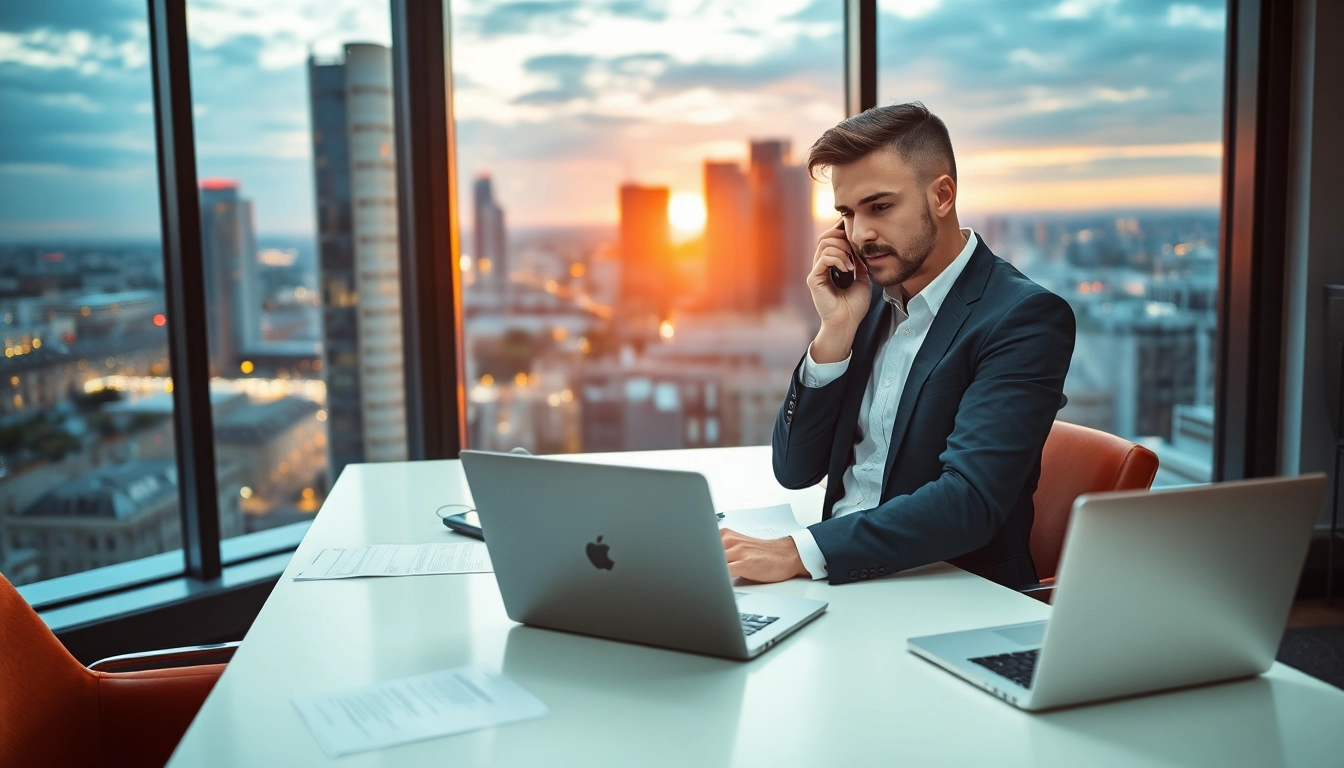 Headhunter Gastronomie telefoniert während der Suche nach Talenten in einem stilvollen Büro.