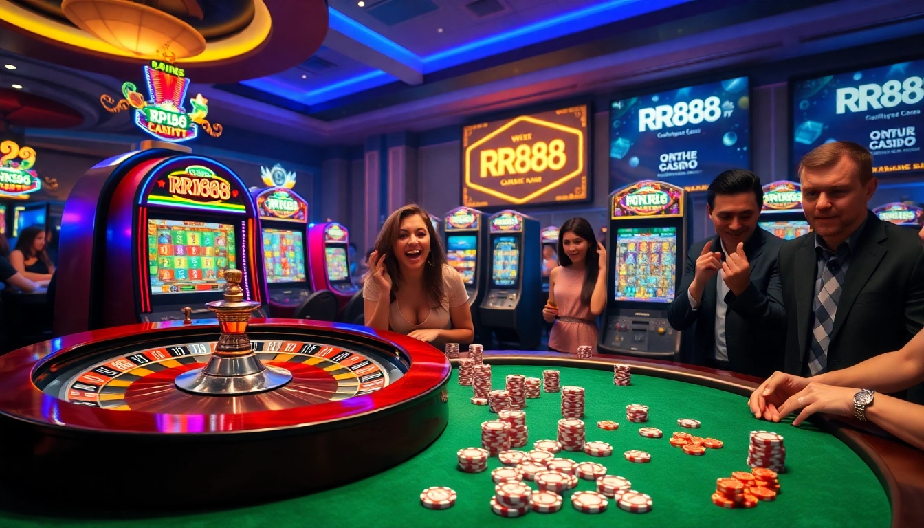Gambling excitement and luxury at the RR88 casino tables with vibrant slot machines.