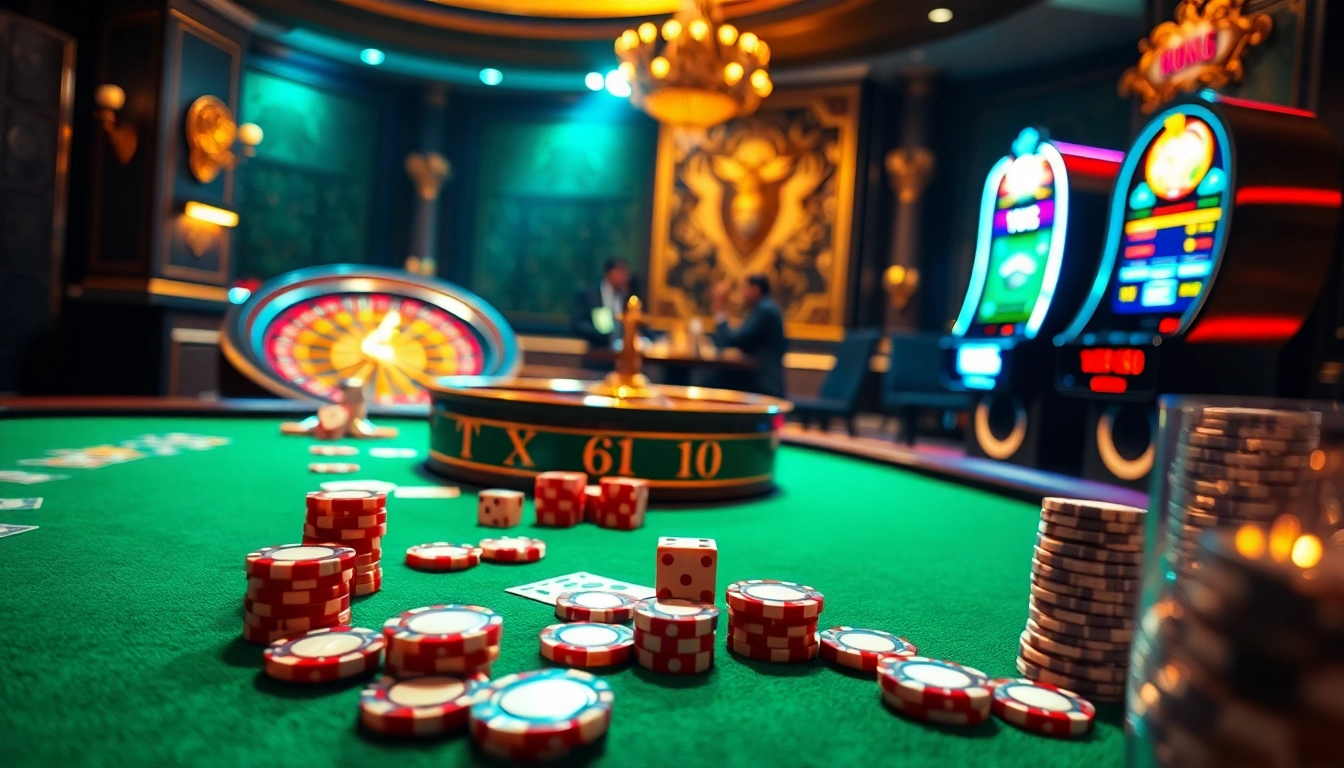 Players enjoying a game of TX666 at a vibrant casino table with poker chips and cards.