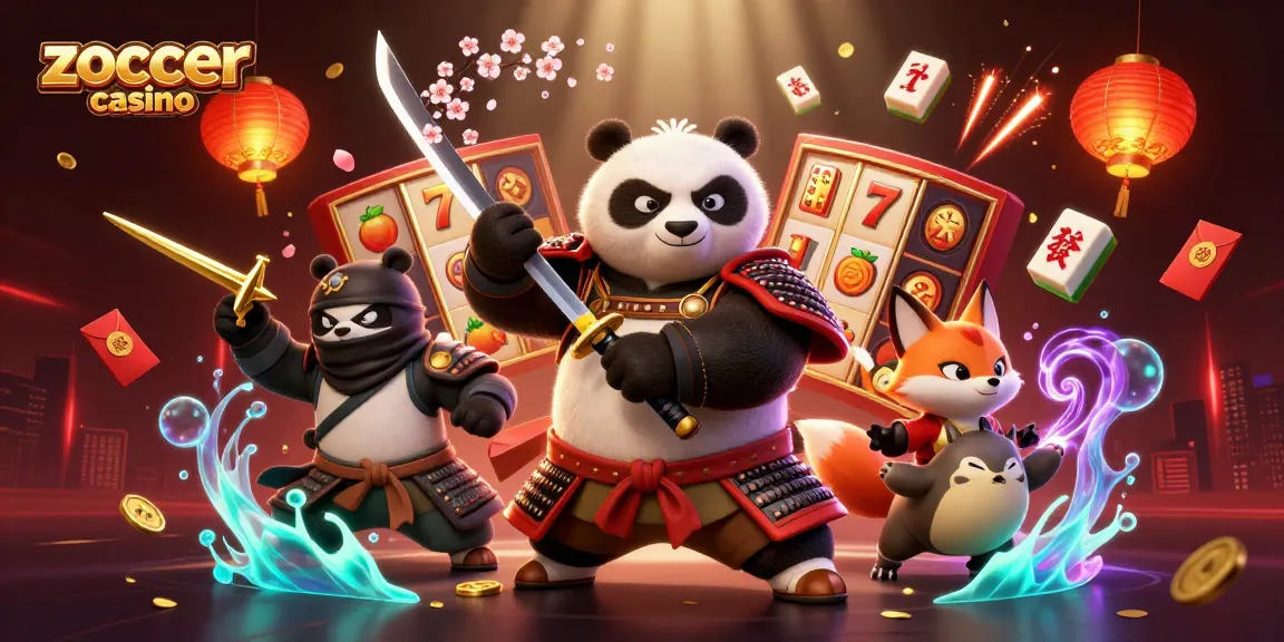 Zoccer casino brings excitement with samurai panda and ninja fox in a vibrant 3D illustration.