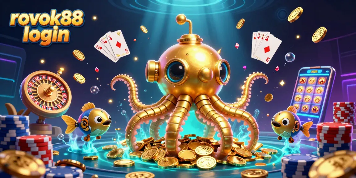 Play and explore with rokok88 login, showcasing 3D golden kraken and casino elements in action.