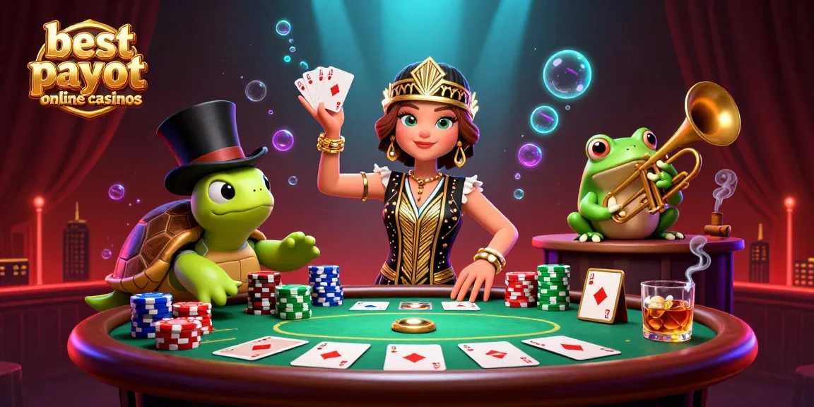 Experience the excitement at the best payout online casinos with cartoon characters enjoying a vibrant casino atmosphere.