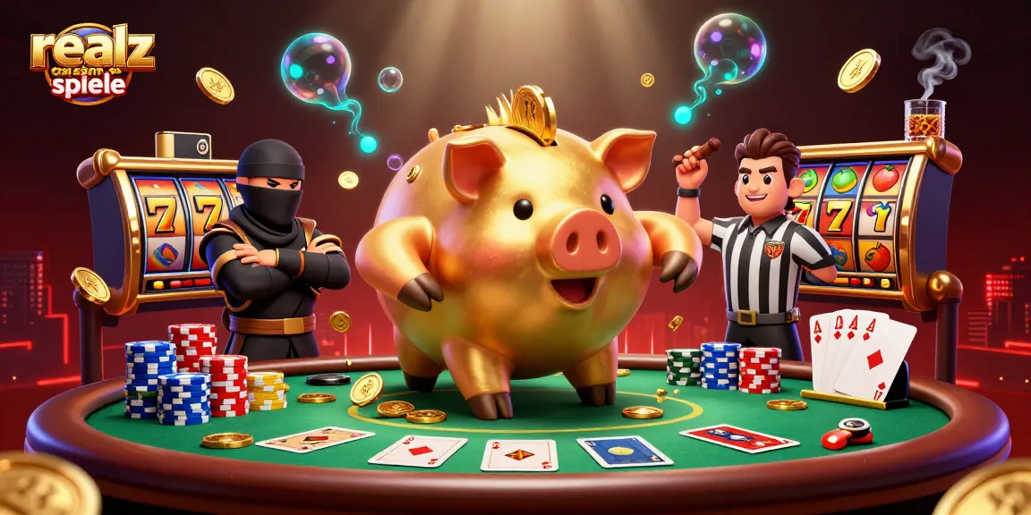 Erlebe die aufregende Welt der Realz Casino Spiele mit einem goldenen Sparschwein-Sumo und einem Ninja während des Spiels.